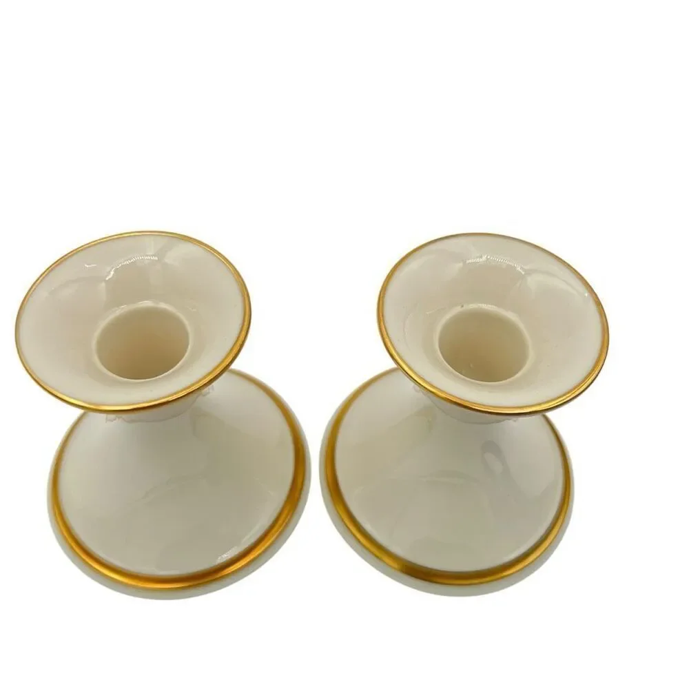 Set of 2 LENOX Eternal Porcelain Gold Trim Candlestick Holders Cream